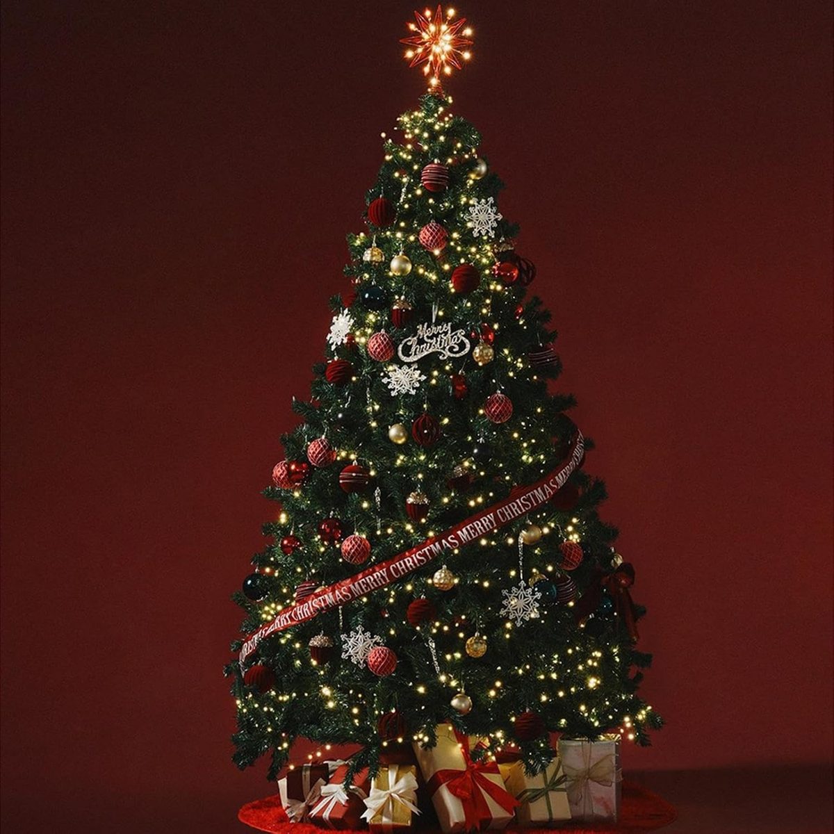 7ft All-in-One Christmas Tree & Red-Gold Decoration Set — thumbnail 2