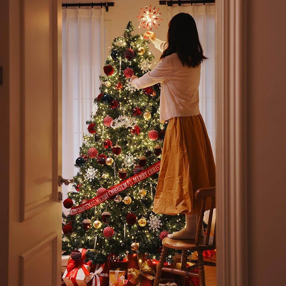 7ft All-in-One Christmas Tree & Red-Gold Decoration Set — thumbnail 3