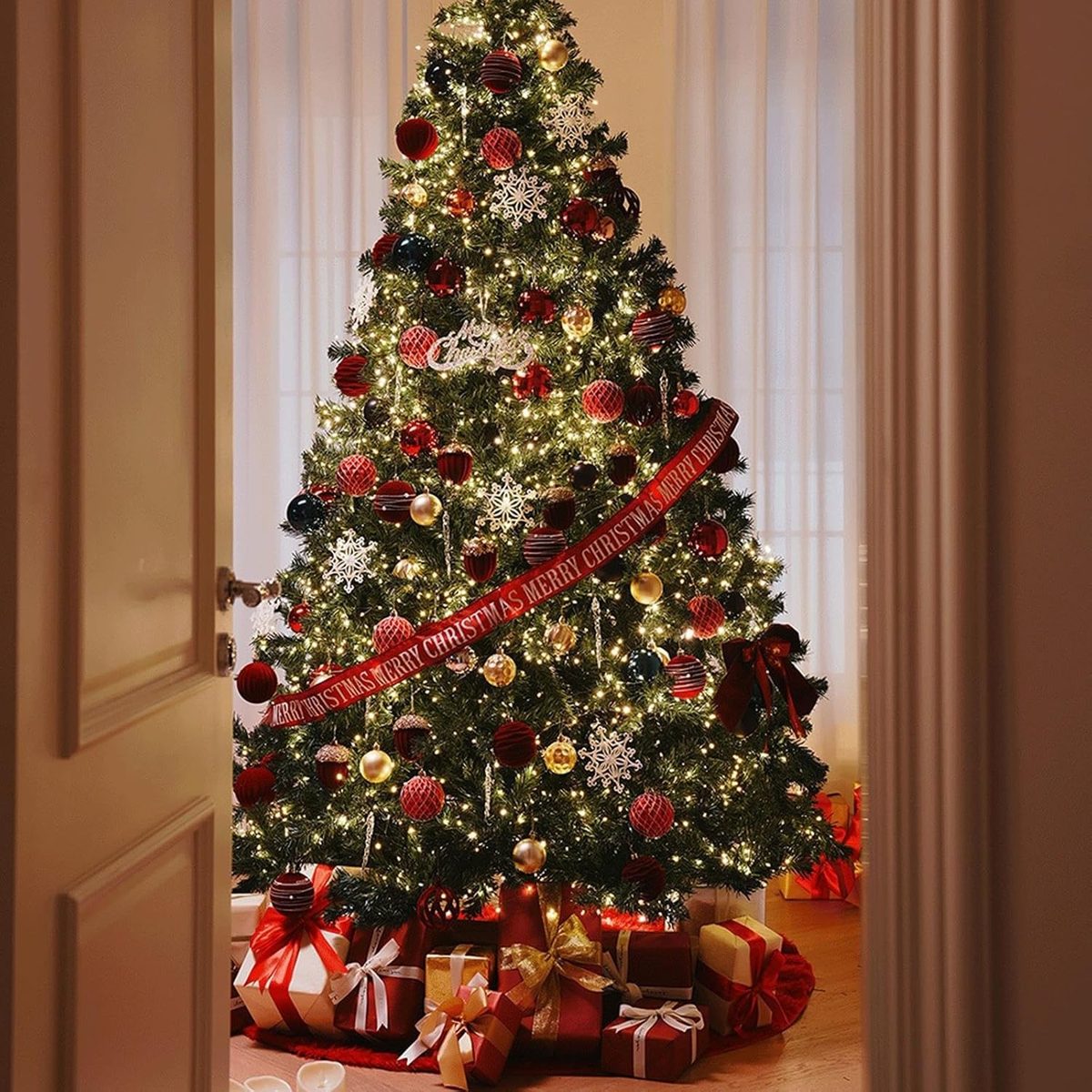 7ft All-in-One Christmas Tree & Red-Gold Decoration Set — thumbnail 7